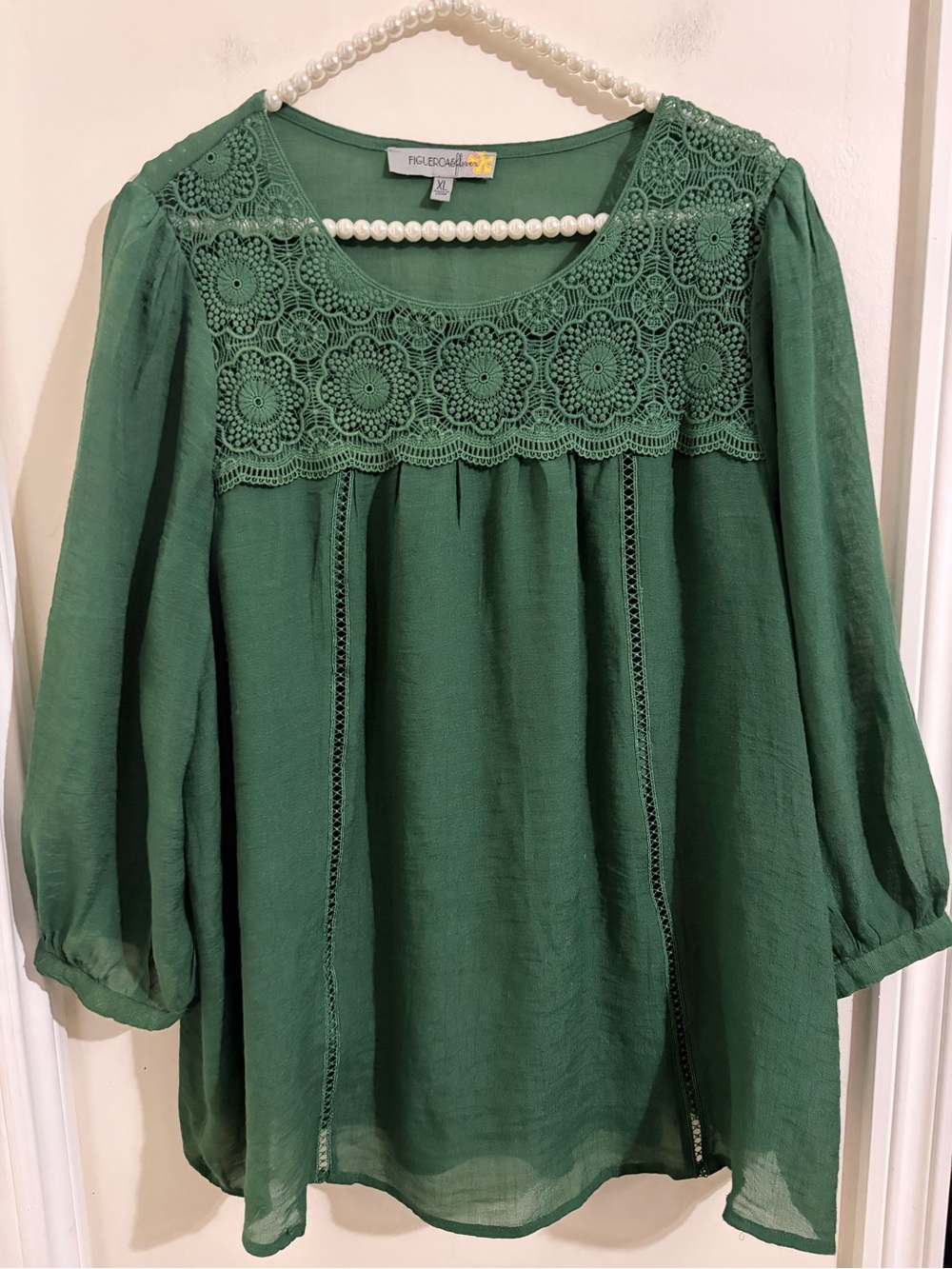 Pleione Green Crochet Yoke Peasant Blouse